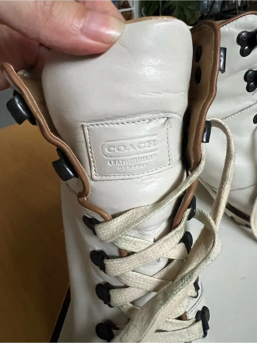 Coach Cream Lace-Up Block Heel Ankle Boots with Tan Trim